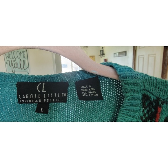 Vintage Carole Little Women's Teal Embroidered Knit Cardigan Sweater Large Petit - Picture 2 of 5